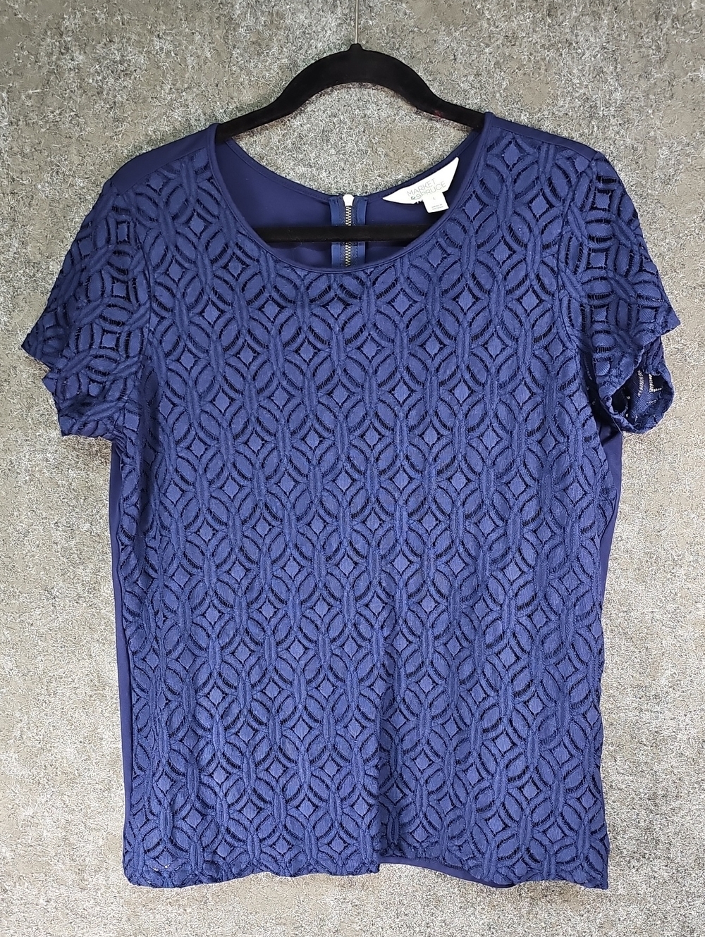 Market & Spruce Lace & Knit Top, Short Sleeve, Blue, Size Large